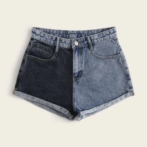 Two Tone Turn Up Hem High Waisted Denim Shorts